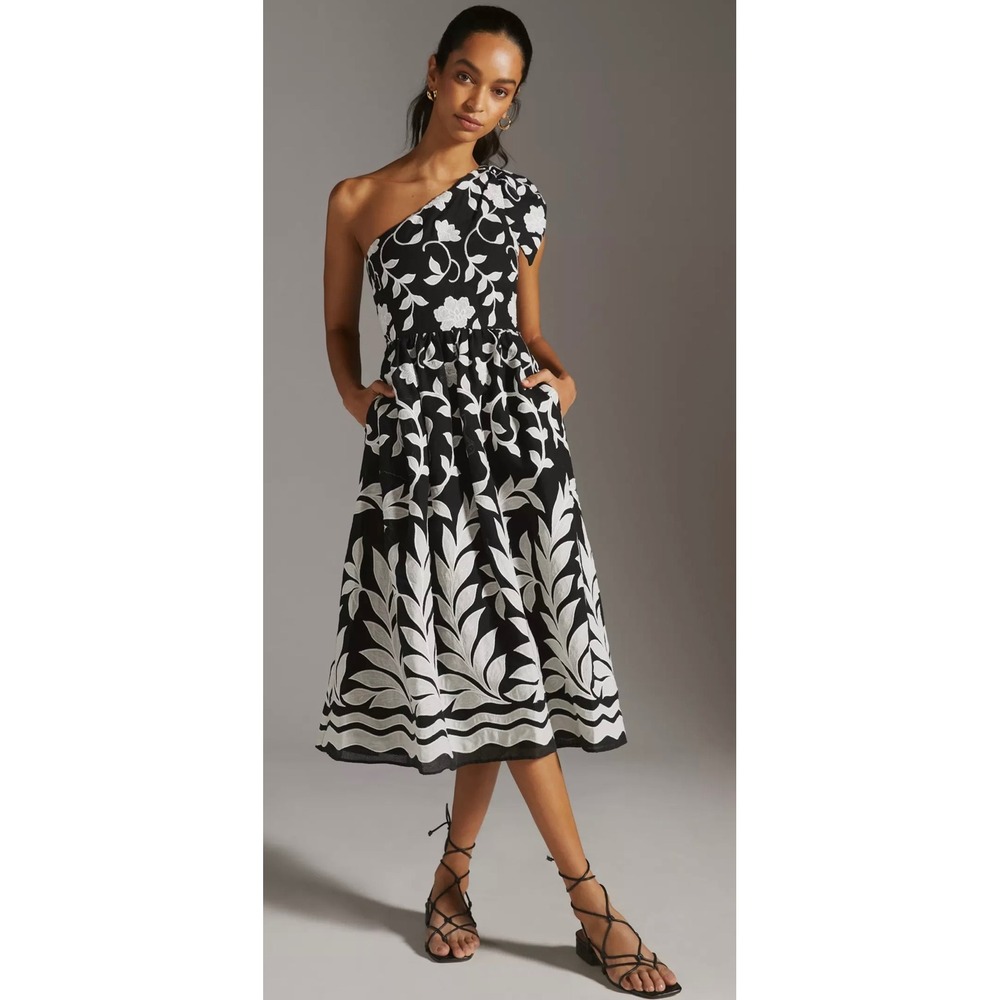 Anthropologie Embroidered One Shoulder Midi Dress Black White Floral Bow 8
